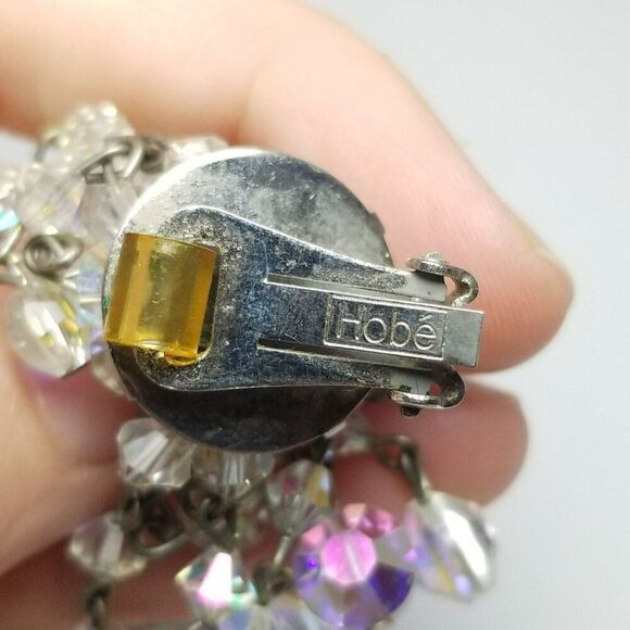 Vintage Hobe Beaded Clear Glass AB Fringe Dangle Clip On Earrings, Signed - Picture 4 of 7